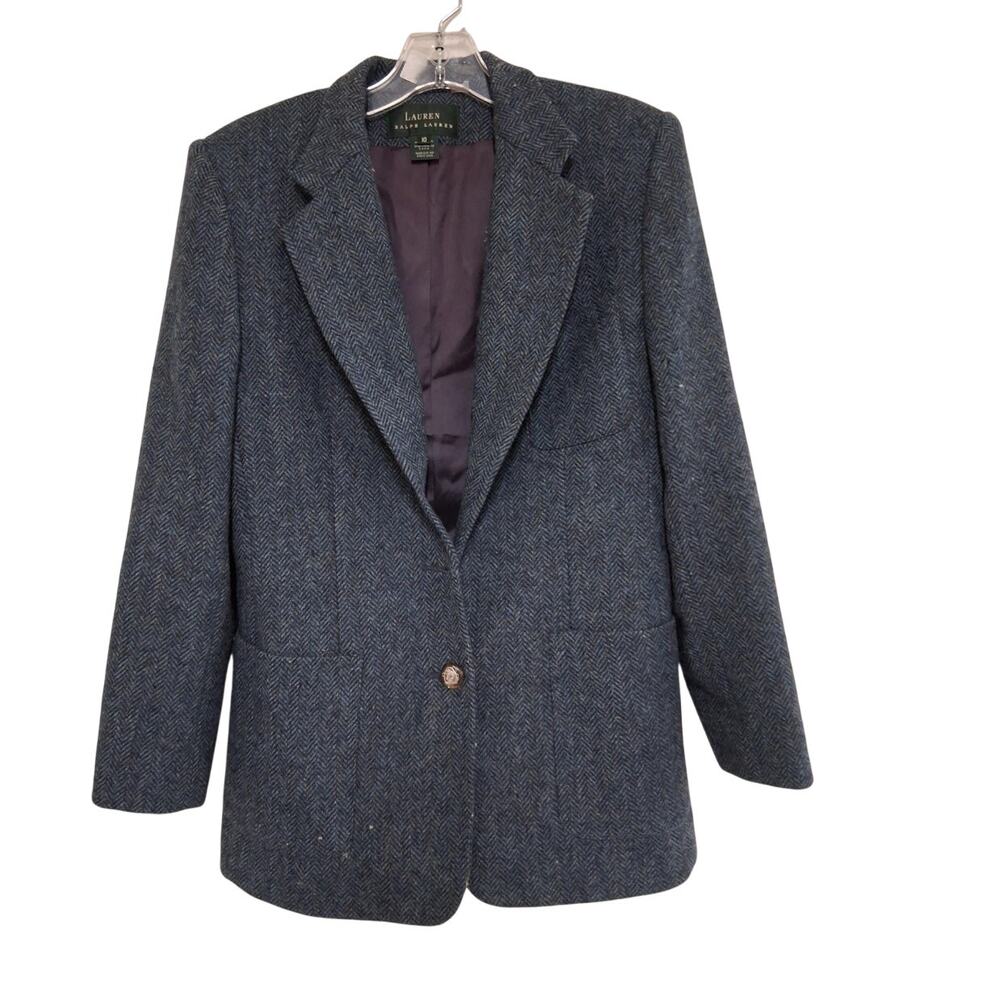 Lauren Ralph Lauren 100% Shetland Wool Blazer 10 Navy Herringbone USA Vintage